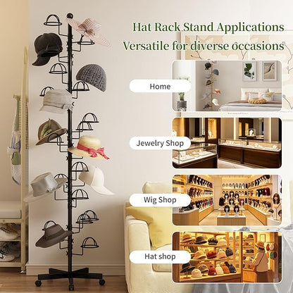 Freestanding Hats Rack Stand with 25 Customizable Circular Hooks Metal Hat Rack Hats Tree Organizer Rack Display Standing Floor Hat Stand for Home Store Commercial, Black