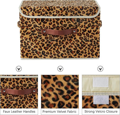 2PCS Storage Bin with Lid Leopard Print Cute Velvet Fabric Storage Basket Box Faux Leather Handles PP Plastic Board Foldable Washable Lidded Closet Shelf Organizer Container (Large Size)