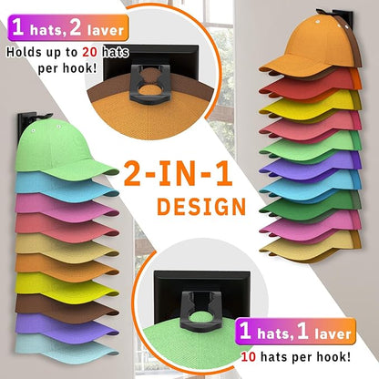 Volnamal Hat Organizer for Baseball Caps, 2 Pack Hold Up to 40 Hats, Hat Rack for Wall Space Saving, Hat Hanger w/Strong Adhesive Hat Storage Holder Display for Closet Door and Wall (Black)