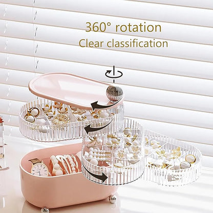360° Rotating Hair Accessories Organizer for Headband Bows Clip,Hair Tie Organizer with Lid, Jewelry Organizer forEarrings Rings Necklaces Bracelet (Pink 4-Layer)