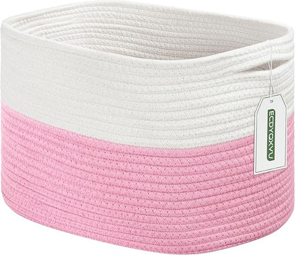 ECDYQXVU Cotton Rope Shelf Storage Basket, 15x10x9 in, Shelf Storage Baskets for Clothes, Towels, Books, Laundry (White/ Pink, 1 Pack)