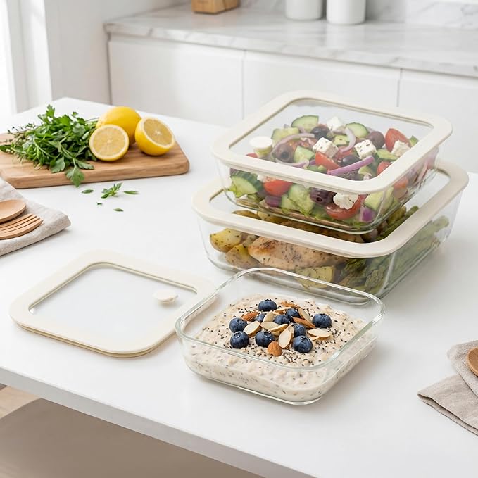 Urban Green Glass Food Container Set with Glass Lid, 3 Pack, Meal Prep Containers with Silicone Framed Airtight Lid, Leakproof, 100% Plastic Free,