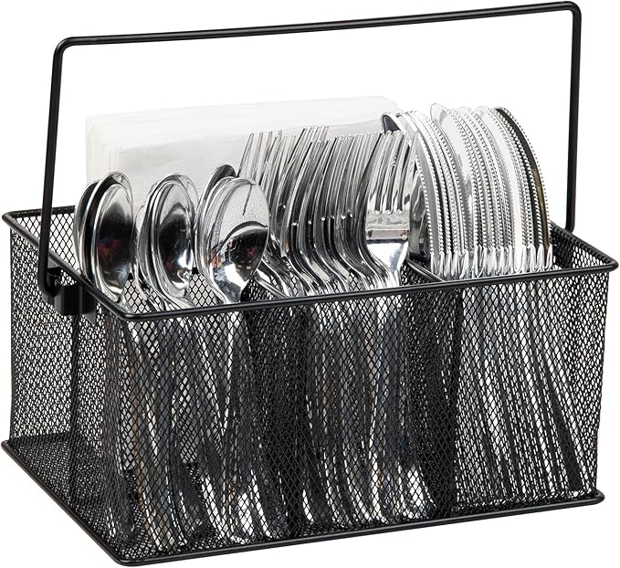 Mind Reader Multi-purpose Storage Caddy with Handle, Desktop Organizer, Cutlery Holder, 4 Compartments, Metal Mesh, Black