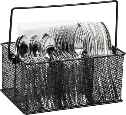 Mind Reader Multi-purpose Storage Caddy with Handle, Desktop Organizer, Cutlery Holder, 4 Compartments, Metal Mesh, Black