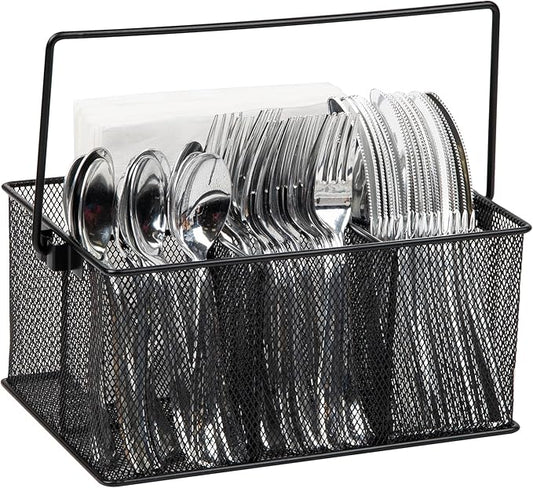 Mind Reader Multi-purpose Storage Caddy with Handle, Desktop Organizer, Cutlery Holder, 4 Compartments, Metal Mesh, Black