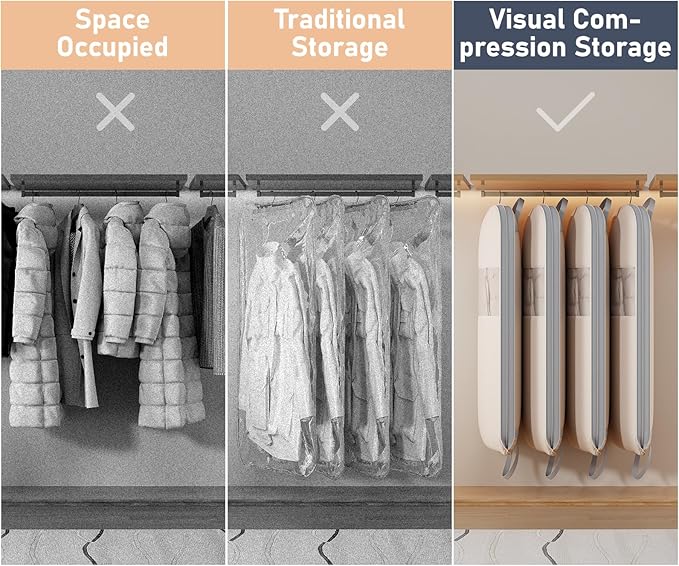 DIMJ 4 Pack 43" Compression Garment Bags for Hanging Clothes With Carry Handles and Window, Space Saving Washable Suit Bag for Dress, Clothes, Coats, Down Jacket, Closet Storage, Moving, Travel