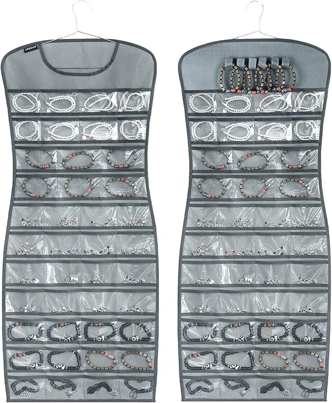 Hanging Jewelry Organizer Dual Sided 84 Clear Pockets and 6 Hook Loops Storage for Holding Jewelries Hair Accessories Dress Shaped Earring Holder (84 Pockets and 6 Hook Loops -Grey)