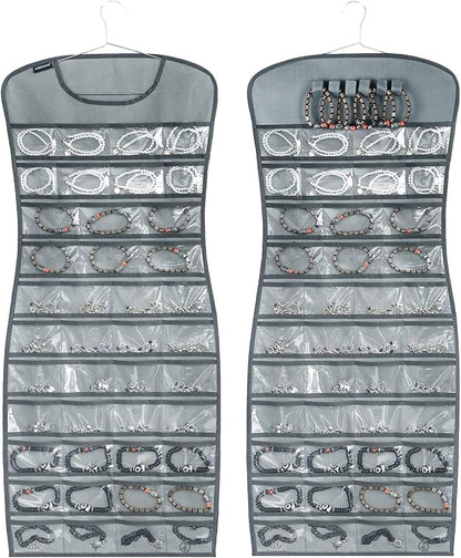 Hanging Jewelry Organizer Dual Sided 84 Clear Pockets and 6 Hook Loops Storage for Holding Jewelries Hair Accessories Dress Shaped Earring Holder (84 Pockets and 6 Hook Loops -Grey)