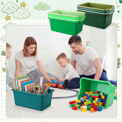 Dandat 16 Pcs Plastic Book Bins for Classroom Library Cubby Bins Scoop Front Stackable Toy Storage Tubs Containers for School Office Home Nursery Playroom Organization (Green Series)