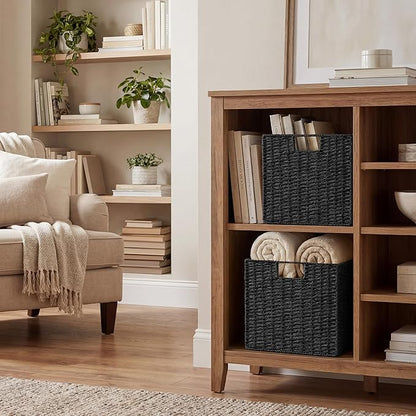 StorageWorks 13 inch Wicker Storage Baskets, Handwoven Wicker Basket for Organizing, Foldable Square Storage Cubes, Black, Paper Rope, 2 Pack
