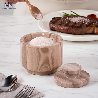MARBLOUS KRAFTS Marble Salt Cellar 3" Inch Brown Salt Holder with Lid for Spice Jar & Stone Salt Container, Modern Sugar Bowl, Countertop Storage, Ideal Mother’s Day Gift, Home Decor