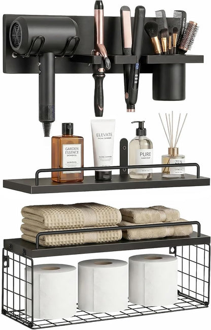 3-Tier Bathroom Floating Shelves with Curling Iron Holder & Hair Tool Organizer, Wall Mounted Rustic Wood Storage Rack Over Toilet with Hair Dryer Holder for Bathroom Decor & Organization