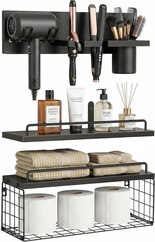 3-Tier Bathroom Floating Shelves with Curling Iron Holder & Hair Tool Organizer, Wall Mounted Rustic Wood Storage Rack Over Toilet with Hair Dryer Holder for Bathroom Decor & Organization