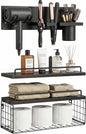 3-Tier Bathroom Floating Shelves with Curling Iron Holder & Hair Tool Organizer, Wall Mounted Rustic Wood Storage Rack Over Toilet with Hair Dryer Holder for Bathroom Decor & Organization