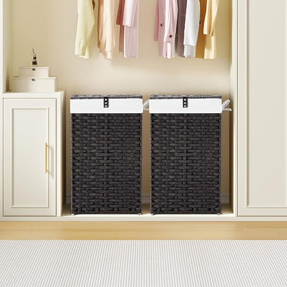 Greenstell Laundry Hamper with Lid, 60L Clothes Hamper with 2 Removable Liner Bags & 2 Mesh Bags, Handwoven Synthetic Rattan Basket, Toys in Bathroom, Bedroom Black