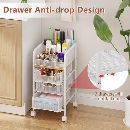 Rolling Makeup Cart Organizer with 3 Drawers, 4-Tier Narrow Floor Skincare Organizers with dividers, Vanity Organizer Cosmetics Display Cases for Makeup Brush, Hair Tool, White
