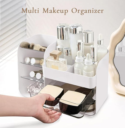 Makeup Organizer Countertop with Drawers, Cosmetic Organizer with Travel Makeup Brush Holder, Skincare Organizer & Storage with Drawers for Bathroom, Beauty Essentials, Eyeshadow (white)