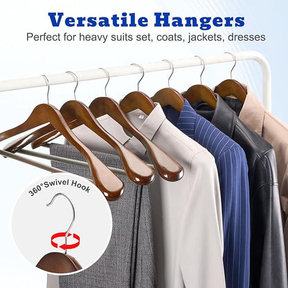 HOUSE DAY Wide Shoulder Wooden Hangers, Suit Hangers with Non Slip Pants Bar, Smooth Finish 360° Swivel Hook Solid Wood Coat Hangers for Dress, Jacket, Pants, Heavy Clothes Hangers 6 Pack (Walnut)