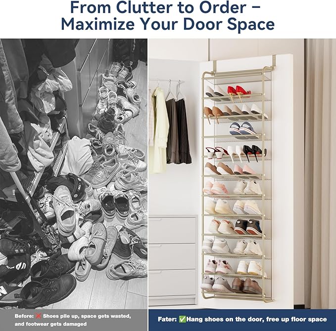 Whitmor 36 Pair Over The Door Shoe Organizer, 12 Tier Hanging Shoe Organizer, Heavy Duty Metal & Mesh Shoe Holder, Hanging Shoe Rack for Closet Organizer & Storage, 74" L x 21.7" W x 7.5" H, Oat