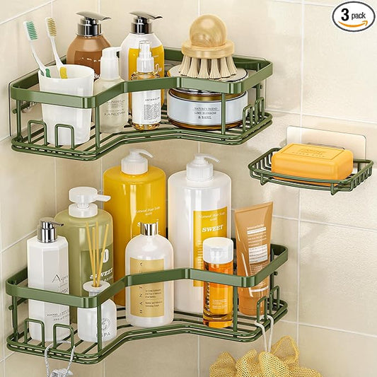 MAXIFFE 3 Pack X-Large Corner Shower Caddy with Soap Holder, Large Capacity and Easy Install, No Drilling Shower Shelves, Stainless Steel Shower Organizer Hold 40 LBS for Family Renters, Green
