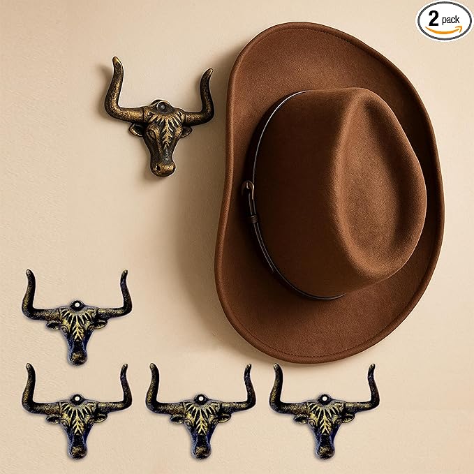 Cowboy Hat Rack for Wall - 4 Pack Cast Iron Cowboy Hat Holder,Hat Storage Organizer Hat Hooks for Wall Western Decor for Bedroom Western Gifts (Gold, 4 Pack)