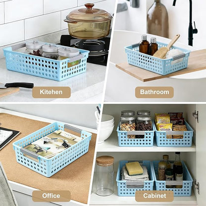 Soddeph 4 Pack Small Plastic Storage Baskets for Organizing, Stackable Bins with Handles for Shelves, Multipurpose Drawer Trays (Blue)