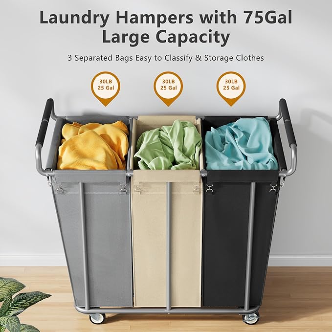Gewudraw Large laundry hamper with Wheels, 360L 3 Bag Big Rolling Laundry Hamper Sorter Cart, Extra Large Laundry Clothes Hamper, Heavy Duty Laundry Basket Organizer for Laundry Room,Bathroom,Black
