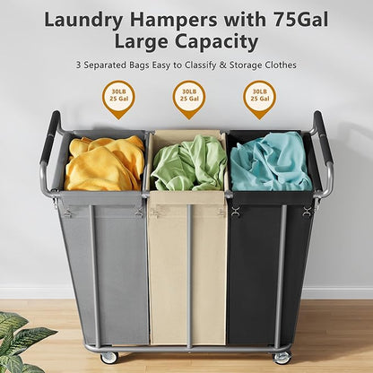 Gewudraw Large laundry hamper with Wheels, 360L 3 Bag Big Rolling Laundry Hamper Sorter Cart, Extra Large Laundry Clothes Hamper, Heavy Duty Laundry Basket Organizer for Laundry Room,Bathroom,Black