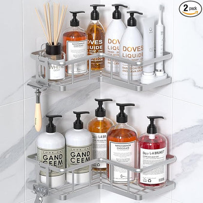 YASONIC Shower Caddy Corner, 2-Pack Adhesive Rustproof Stainless Steel Shower Shelves with Soap Holder, No Drilling Shower Organizer Corner for Dorm, Renters Bathroom Silver