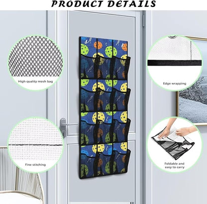 Over The Door Storage Bag with 12-Pockets, Oxford Material Waterproof Lightweight and Perfect for Organizing Bathroom Bedroom or Kitchen Essentials, Pickleball Pattern
