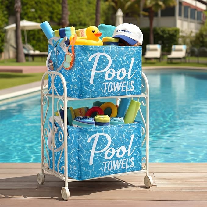 Yungyan Pool Towel Storage Basket Bin and Organizer Large Pool Towel Storage Basket Waterproof Canvas Cube with Handle Beach Gift for Outdoor Summer Seaside Home Clothes Books Toys Organization, Blue