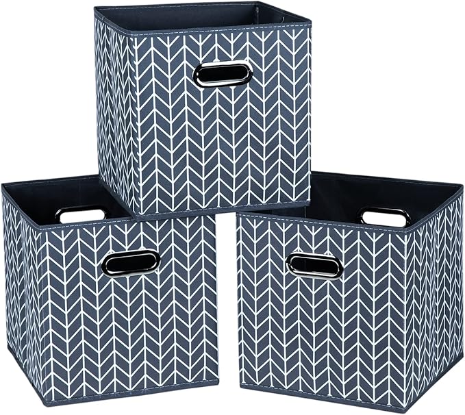 Fabric Cloth Storage Bins,Fabric Cube Organizer with Dual Handles Foldable Cube Storage Baskets for Home Bedroom Storage,Set of 3,(Grey Wave)