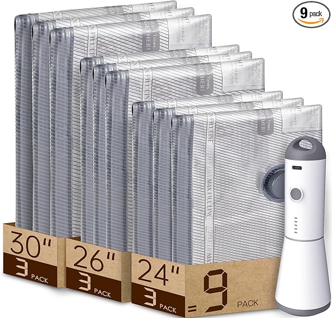 Vacbird Vacuum Bags for Travel with Rechargeable air Pump, Carry-on Size Compression Packing Bags for Luggage and Suitcase, Space Saver for Clothes and Clothing 9 Combo Travel Size
