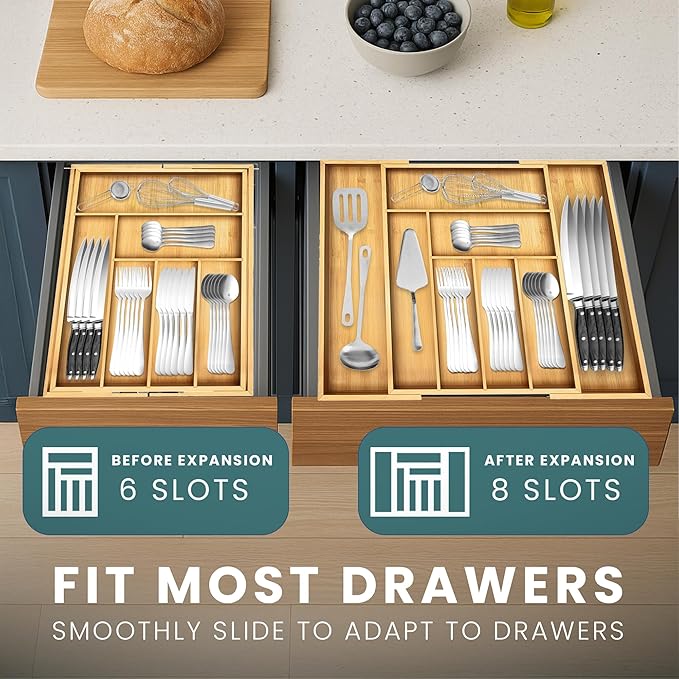 Sben Expandable Drawer Organizer for Utensils Holder, Adjustable Cutlery Tray, 6-8 Slots, Premium Wood Drawer Dividers Organizer for Silverware, Flatware, Knives for Kitchen (Bamboo)