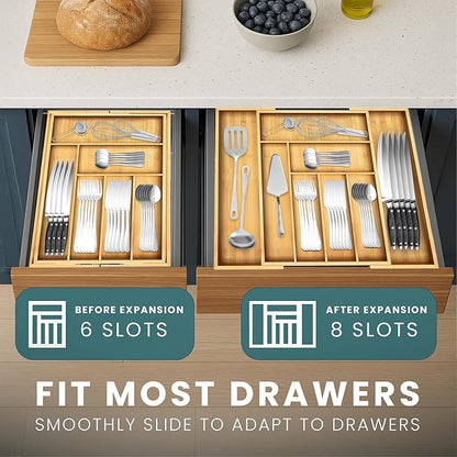 Sben Expandable Drawer Organizer for Utensils Holder, Adjustable Cutlery Tray, 6-8 Slots, Premium Wood Drawer Dividers Organizer for Silverware, Flatware, Knives for Kitchen (Bamboo)