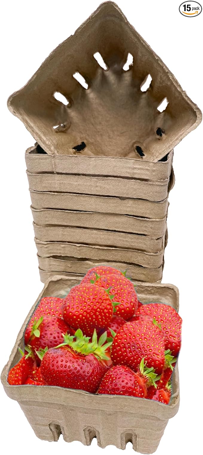15 Pack Natural Berry Basket 1 Pint, Pulp Fiber Vented Produce Containers Farmers Market Basket, Fruit & Vegetable Containers