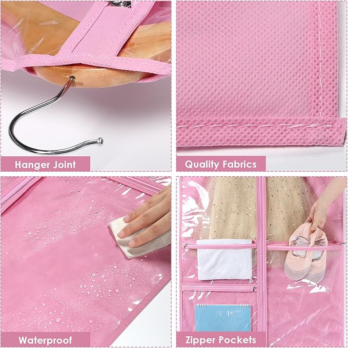 Univivi Dance Costume Bags Garment Bag 40 Inch Hanging Clothes for Dance Competitions, with 3 Medium Clear Zipper Pockets for Dance Costumes, Closet Storage (Pink) - 4 Pack