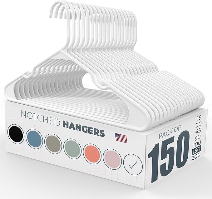 Plastic Hangers 100+ Pack (150 Count) – Made in The USA – 6lb Capacity Standard Clothes Hangers with Notches and Reinforced Edges for Dresses, Lingerie, Shirts, Pants, and Jackets – White