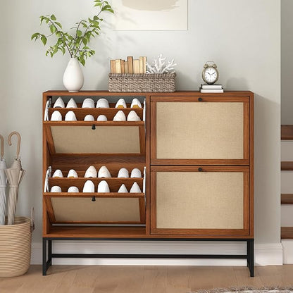 AVZEAR 43" Narrow Shoe Storage Cabinet for Entryway with Natural Linen Panel, Freestanding Slim Shoe Cabinet with 4 Flip Drawers, Wood Shoe Organizer Closed Shoe Rack for Hallway, Living Room(Walnut)