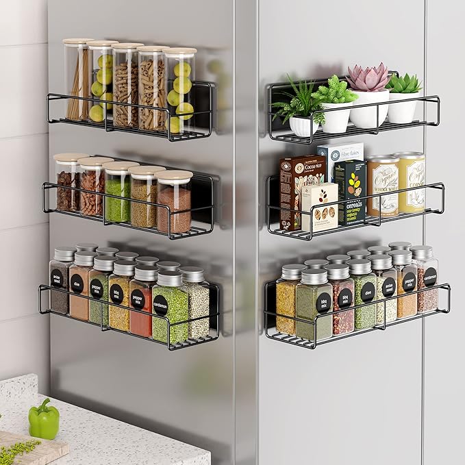 Mystozer 6 Pack Magnetic Spice Rack Organizer, Space Saver for Refrigerator and Whiteboard, Metal Fridge Shelf for Kitchen and Classroom Refrigerator Organizers and Storage Spice Rack Shelf (Black)