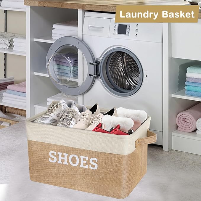 Lukeline Fabric Shoe Basket for Entryway, Hallway or Mudroom - Flodable Space-Saving Storage Bin for Closet, Decorative Home Decor (Beige)