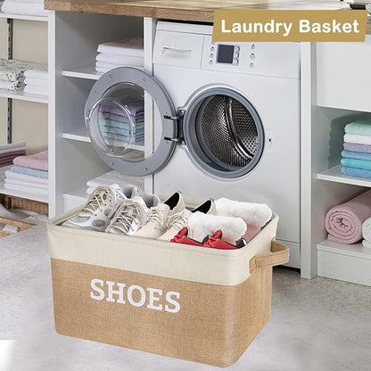 Lukeline Fabric Shoe Basket for Entryway, Hallway or Mudroom - Flodable Space-Saving Storage Bin for Closet, Decorative Home Decor (Beige)