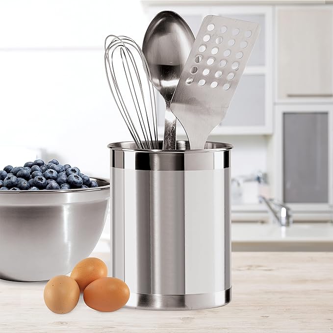 Oggi Stainless Steel Utensil Holder - 5" Diameter, Utensil Caddy, Weighted Base for Stability - Larger-Sized Utensil Crock and Countertop Utensil Organizer, Stainless Steel