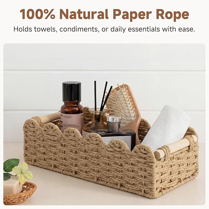 StorageWorks Toilet Paper Storage Basket, Toilet Basket with Wooden Handles, Small Wicker Decorative Scalloped Baskets for Organizing, Living Room, Top Tank, Brown Rope Baskets