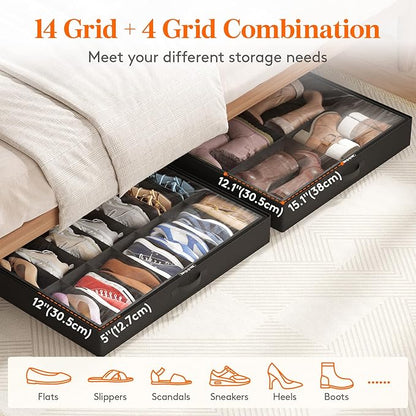 Lifewit Under Bed Shoe Storage Organizer 2 Pack(14 Shoes Cells+4 Boots Cells), 4.3 Inches Profile Fabric Shoes Container Box with Clear Cover, Foldable Storage Bag with 2 Handles, Fits 22 to 36 Pairs