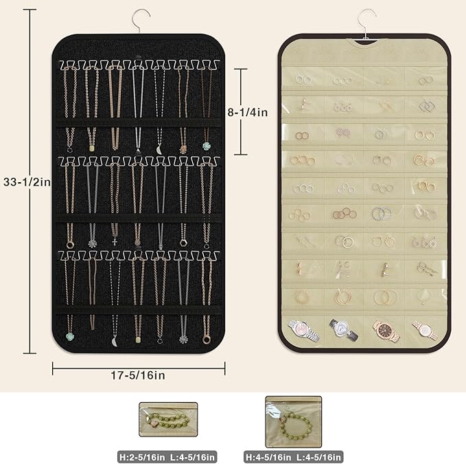 Hanging Jewelry Organizer Storage, 40 Pockets 36 Hooks Necklace Earring Bracelet Ring Organizer, Double - Sided Design, Black and Beige