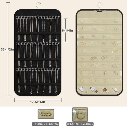 Hanging Jewelry Organizer Storage, 40 Pockets 36 Hooks Necklace Earring Bracelet Ring Organizer, Double - Sided Design, Black and Beige