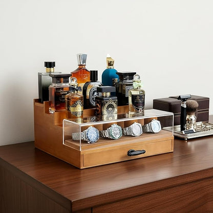 Cologne and Watch Organizer Walnut Brown – Wooden Perfume Display Stand with Jewelry Storage Drawer, Velvet Lining, Hidden Compartment – Large Cologne Holder – Gift Box Included