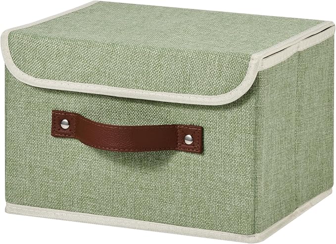 Storage Bins Box with Lids Decorative Cotton Linen Fabric Baskets Cubes with Handles PP Plastic Board Foldable Washable Lidded Clothing Shelf Closet Organizer Container (Light Green, Small)