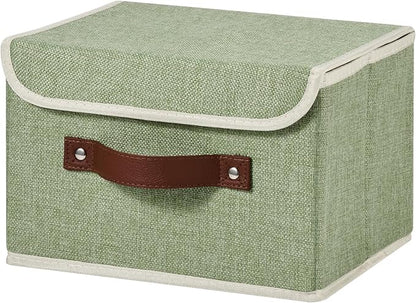 Storage Bins Box with Lids Decorative Cotton Linen Fabric Baskets Cubes with Handles PP Plastic Board Foldable Washable Lidded Clothing Shelf Closet Organizer Container (Light Green, Small)